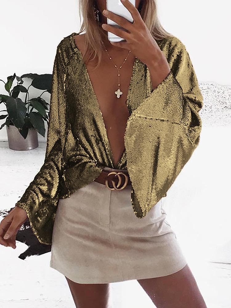 

Plunge Long Flared Sleeve Metalic Print Blouse, Gold