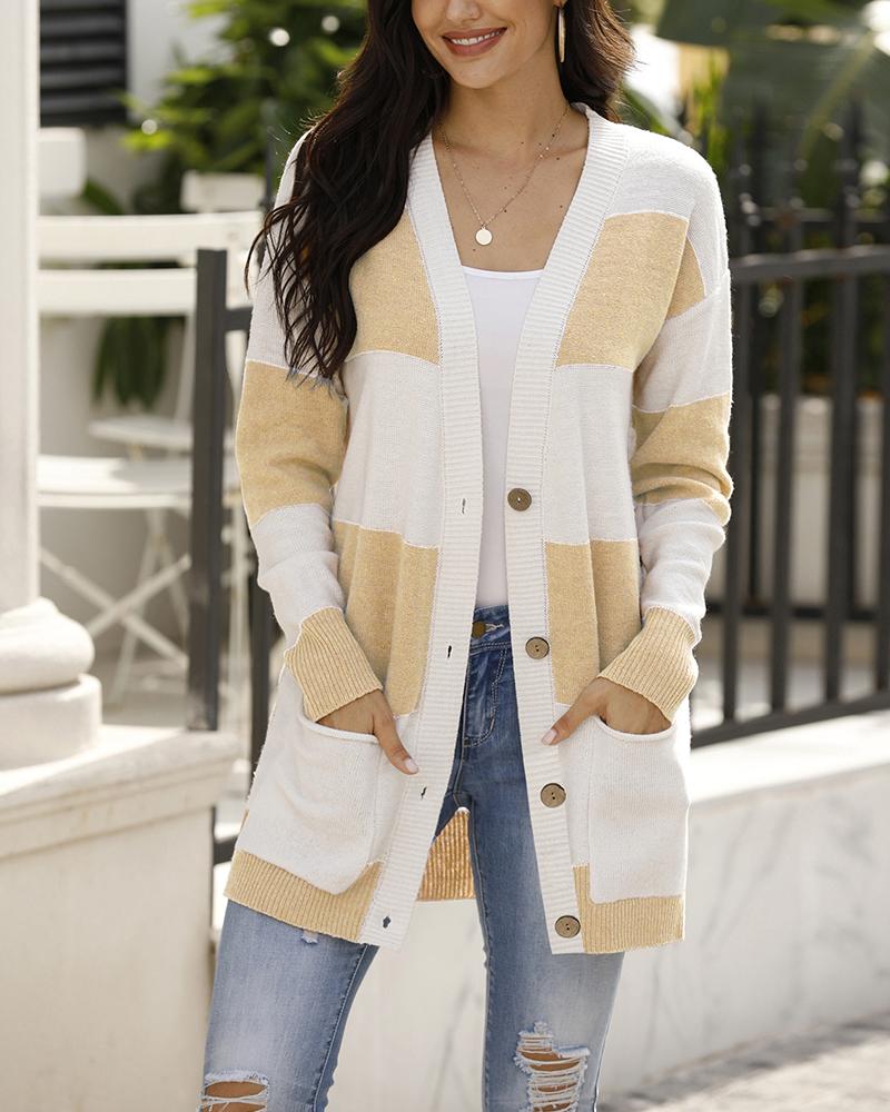 

Colorblock V-neck Pocket Knit Cardigan, Yellow