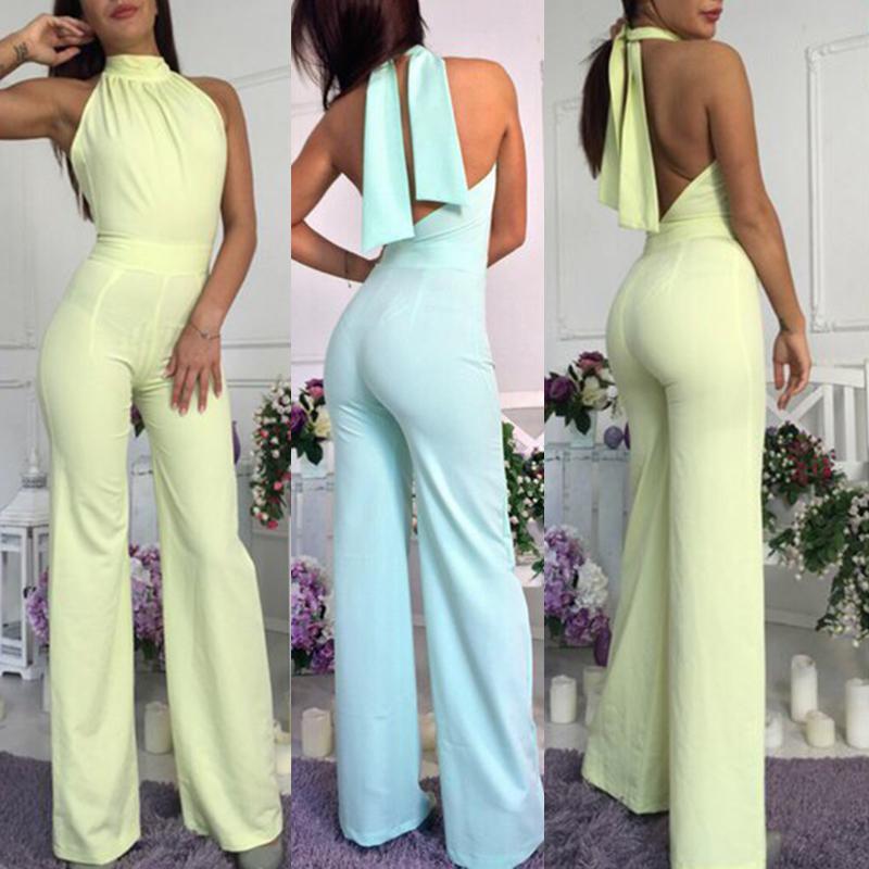 

Women's Lacing Turtle Neck Backless Jumpsuit Long Wide Leg Pants, White