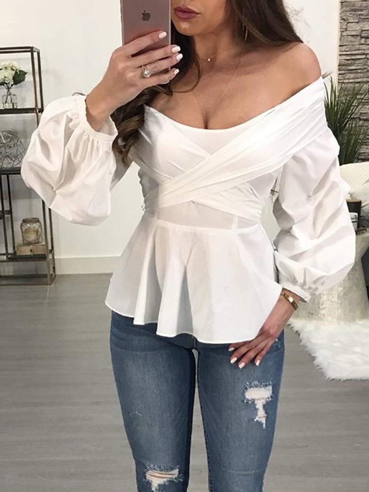 

Ruffled Off Shoulder Crisscross Tied Peplum Blouse, White