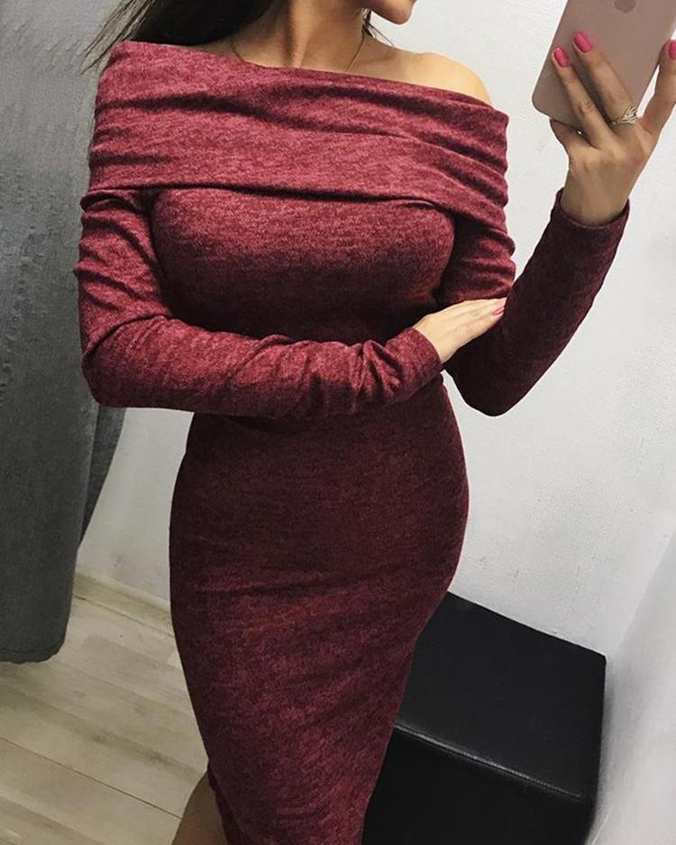 

Fold-Over Off Shoulder Pencil Dress, Red