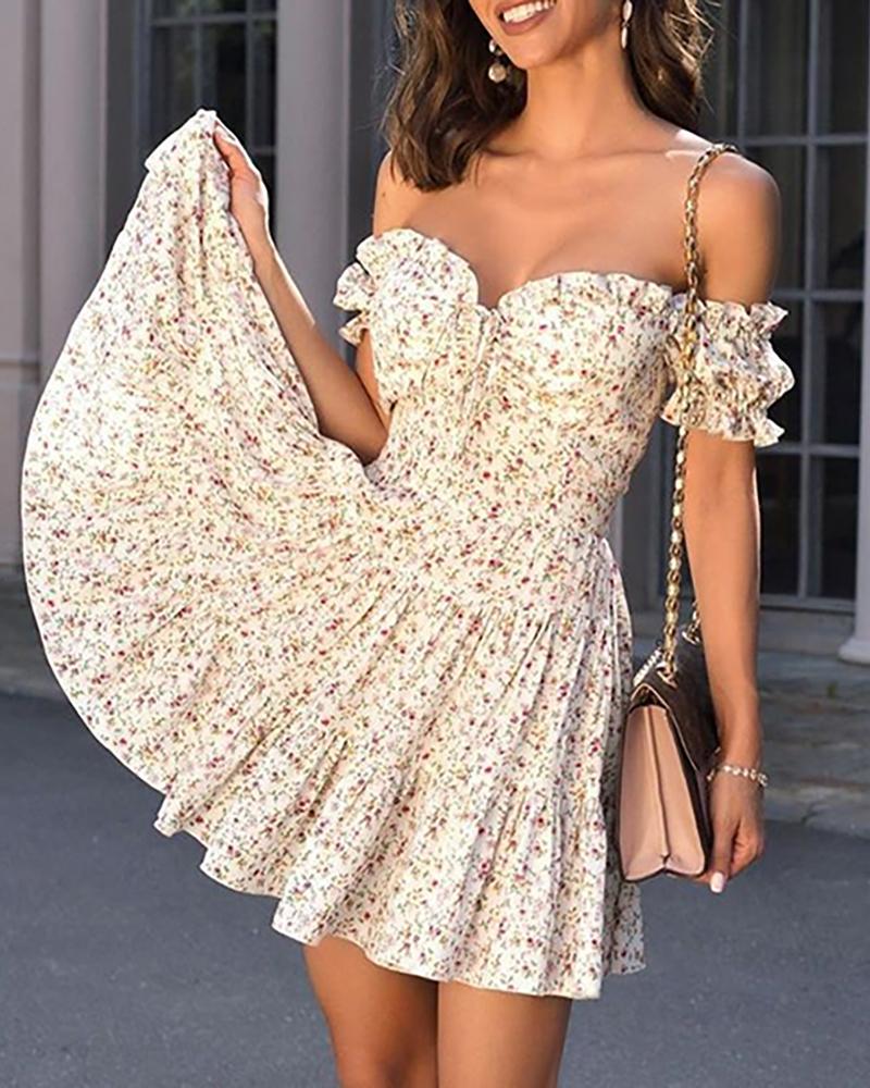 

Ditsy Floral Print Sweetheart Neck Ruched Dress, White