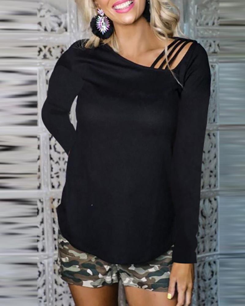 

Cold Shoulder Strap Solid Long Sleeve Casual Top, Black