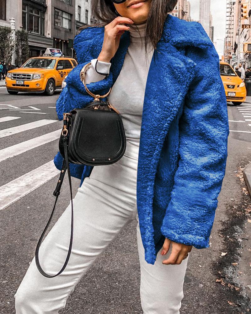 

Solid Open Front Collared Teddy Coat, Blue