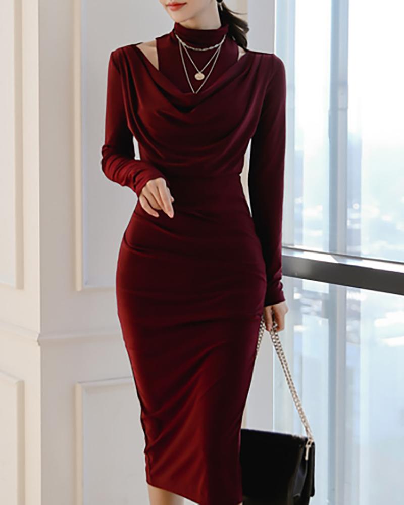 

Solid High Neck Ruched Dress