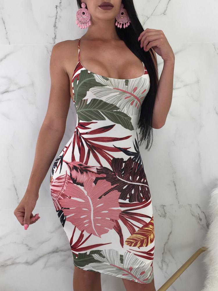 

Leaf Print Backless Crisscross U Neck Slip Dress, Pink