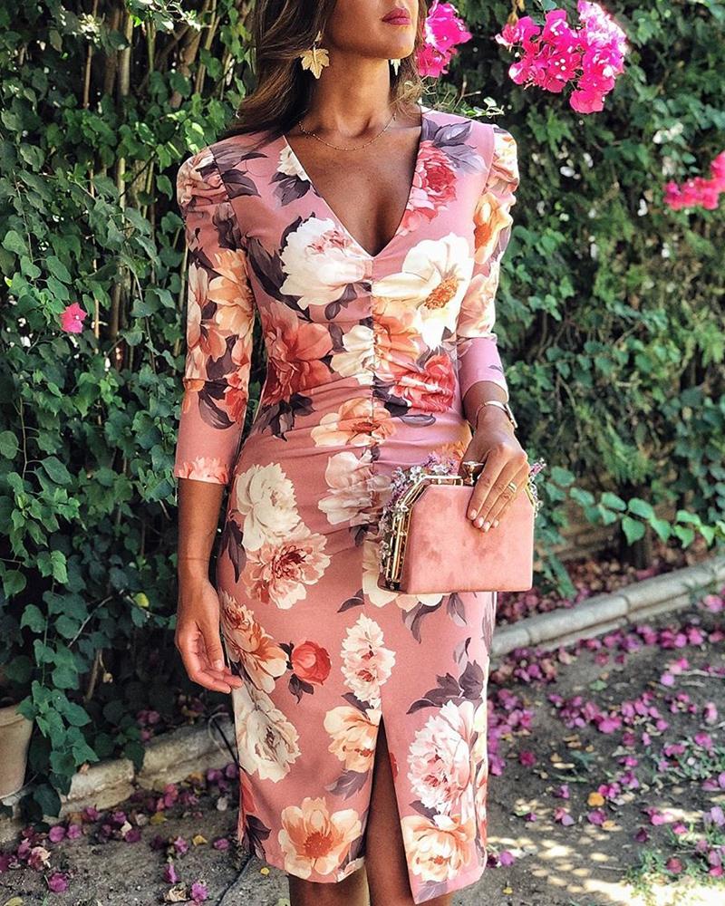 

Floral Print Three Quarters Slit Dress
