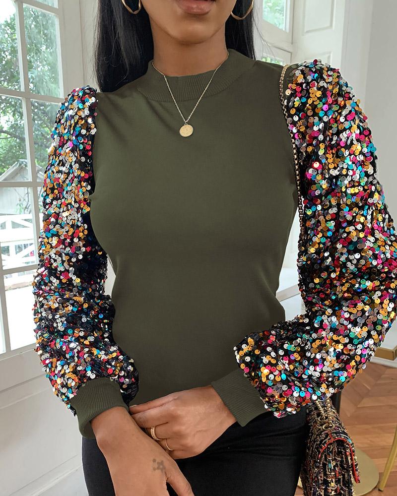 

Mock Neck Lantern Sleeve Sequins Colorblock Insert Blouse, Army green