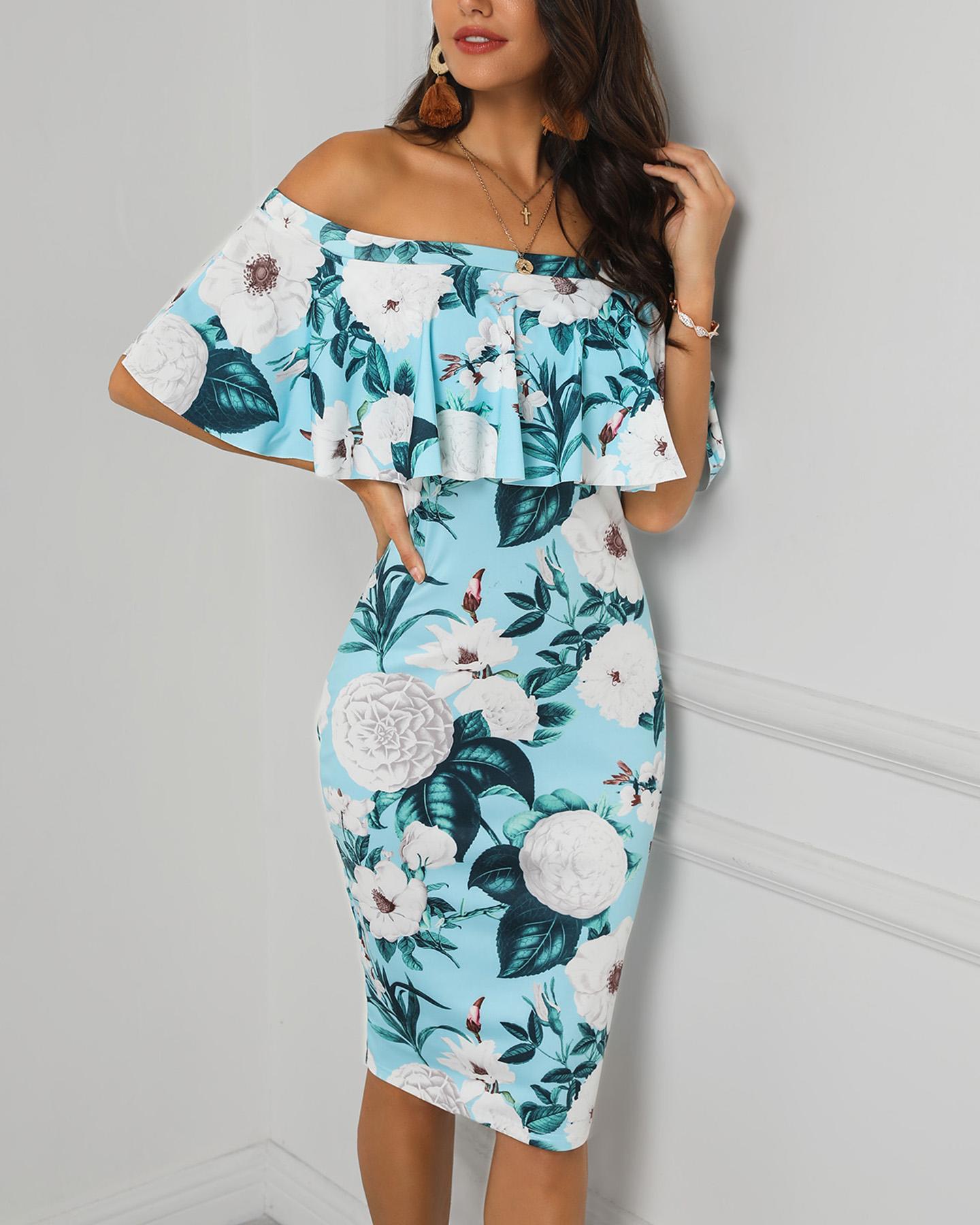 

Off Shoulder Floral Print Bodycon Dress, Blue