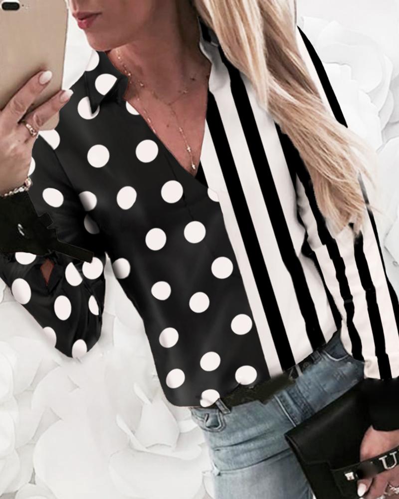 

Striped Dot Print Insert Casual Shirt, Black