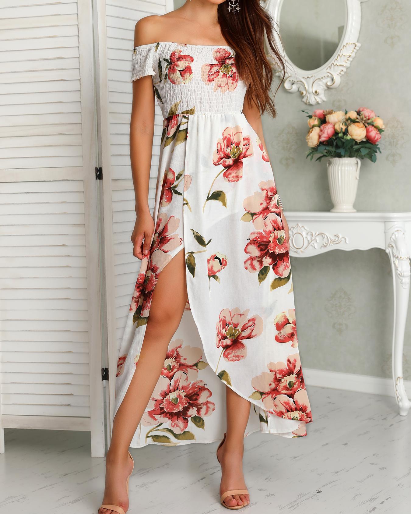 

Floral Print Shirring Off Shoulder Slit Maxi Dress, White