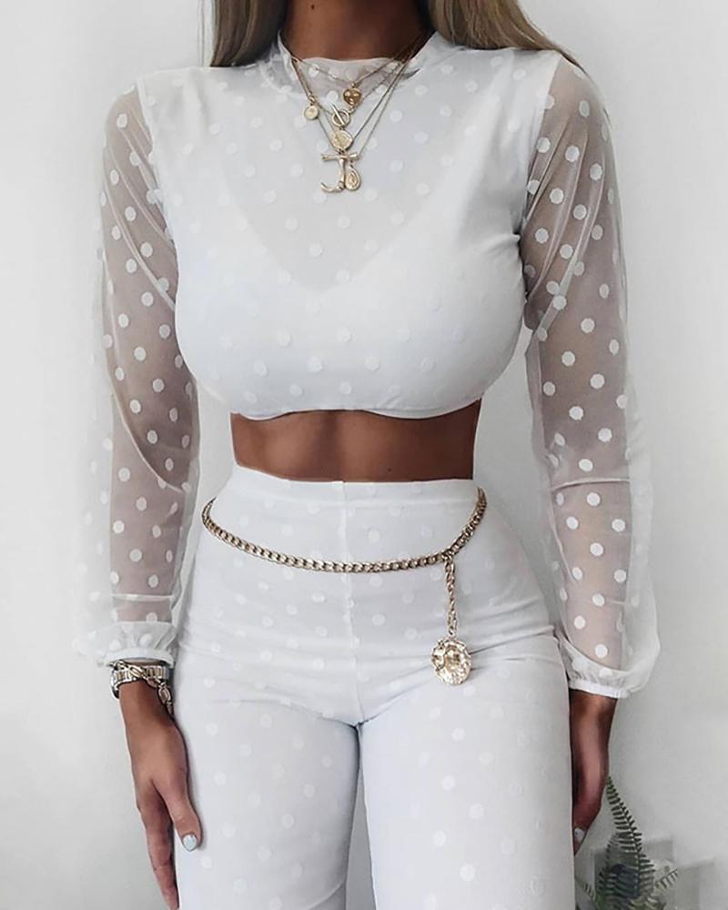 

Polka Dot See Through Mesh Top & Pant Sets, White