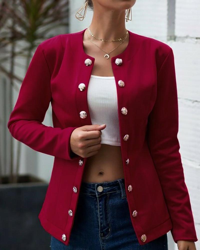 

Double-breasted Long Sleeve Round Neck Blazer, Wine red