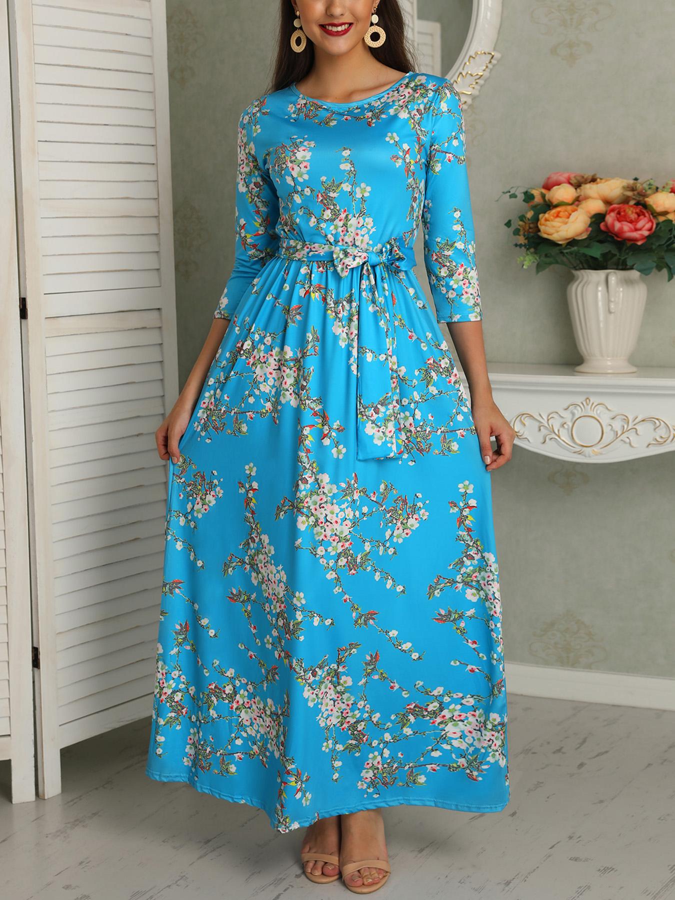 

Floral & Grid Print Wrapped Belted Maxi Dress, Green