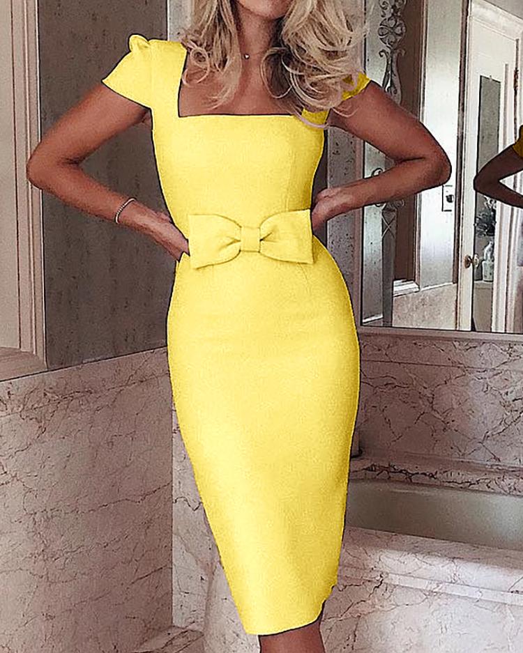 

Square Neck Bowknot Midi Dress, Yellow