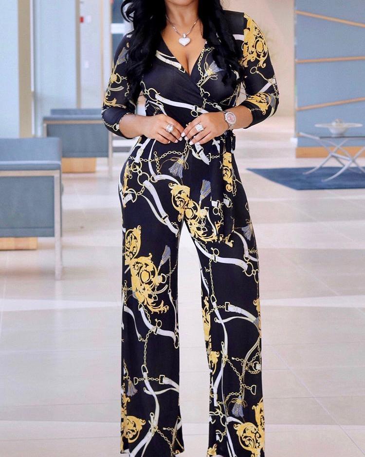 

Retro Chain Print Tie Waist Wrap Jumpsuit, Black