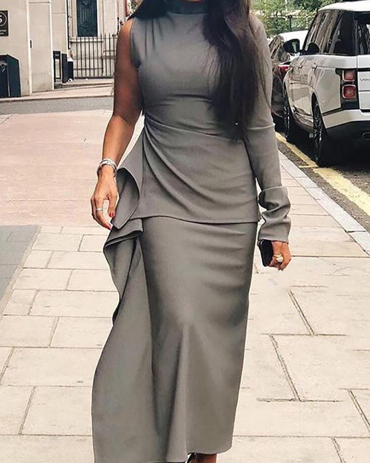 

One Shoulder Mock Neck Ruffles Design Dress, Gray