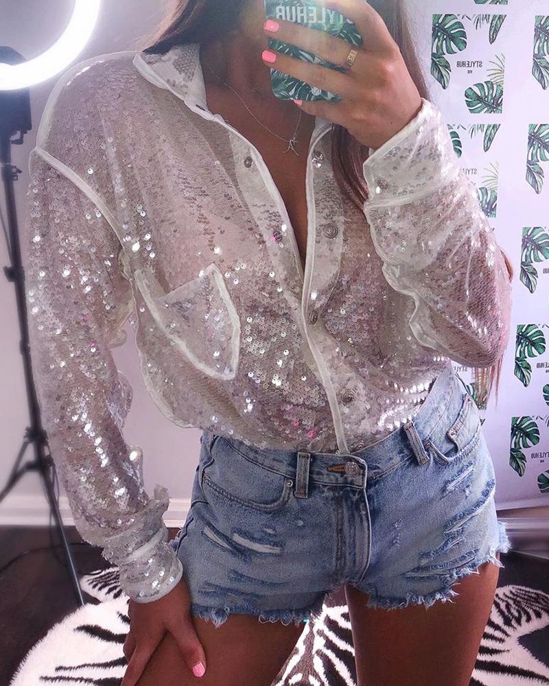 

Buttoned Long Sleeve Sequin Casual Blouse, White