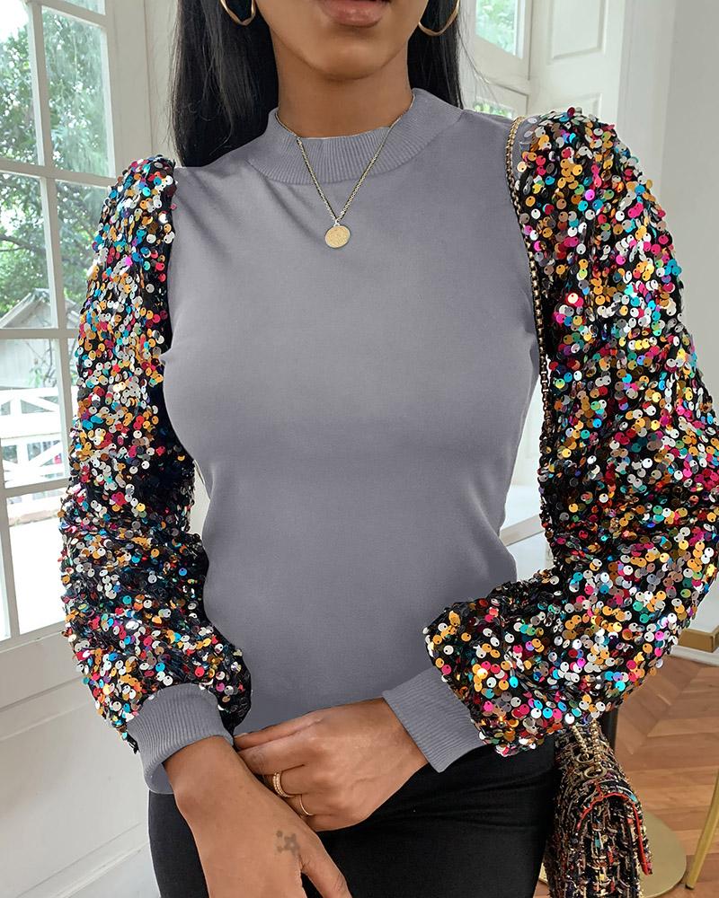 

Mock Neck Lantern Sleeve Sequins Colorblock Insert Blouse, Gray