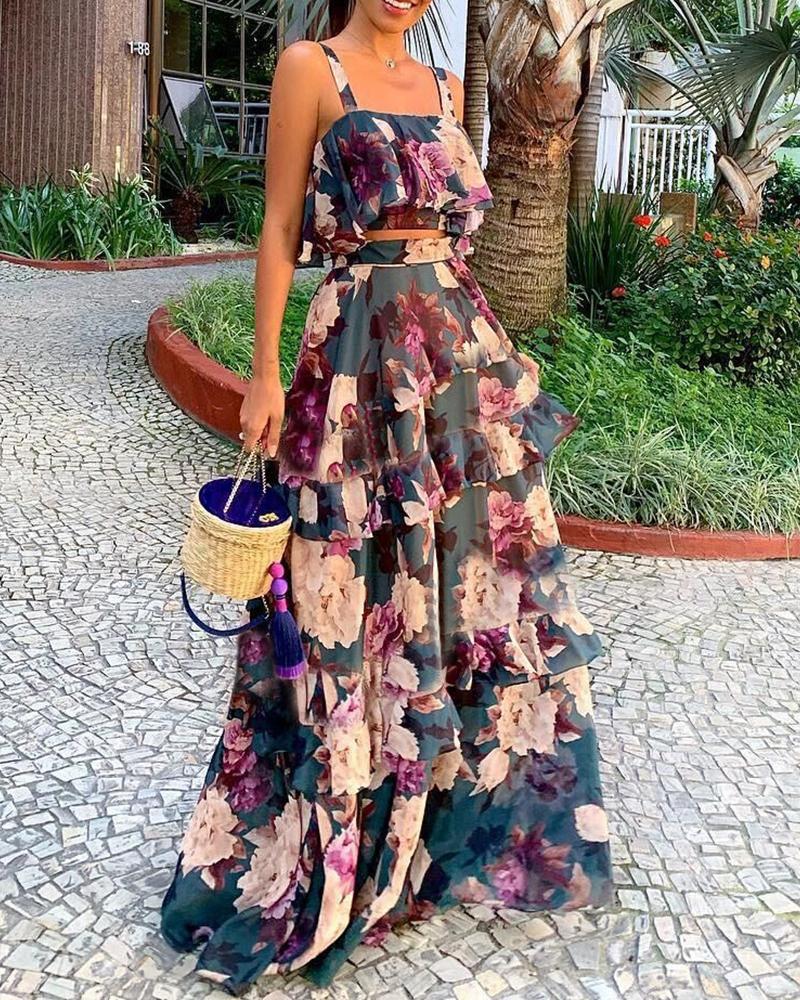 

Thin Strap Floral Print Top & Layered Ruffles Maxi Skirt Set, Dark blue