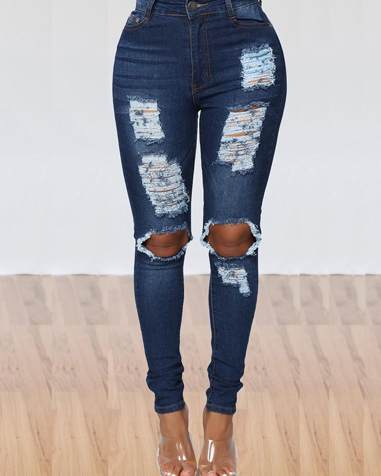 

Solid Holey Distressed Slinky Jeans, Dark blue