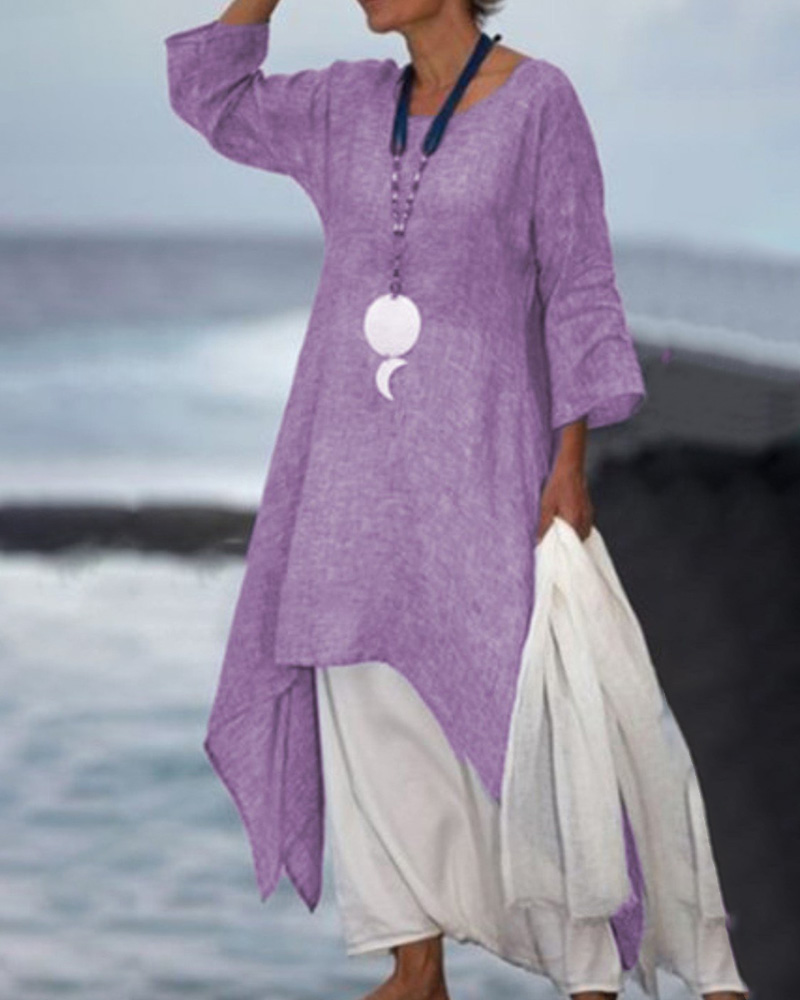 

Long Sleeve Irregular Hem Casual Dress, Purple