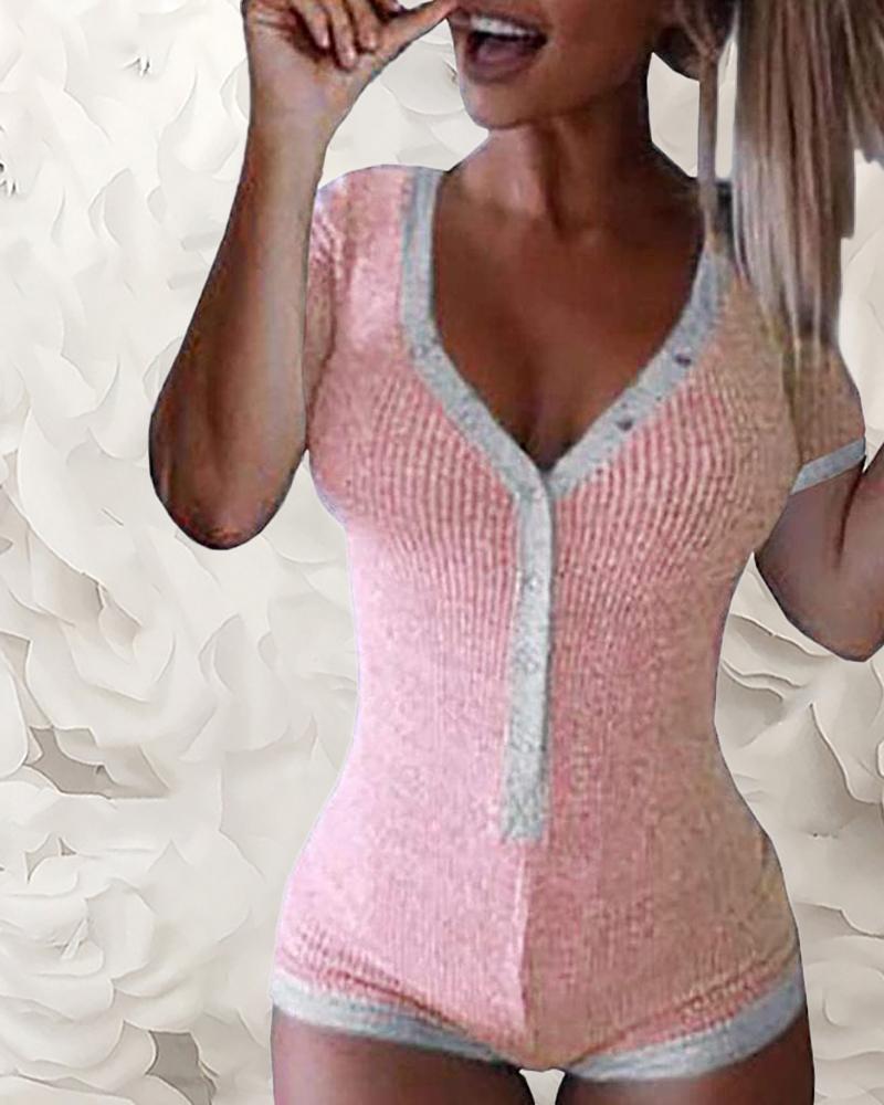 

Contrast Binding Bottoned Short Sleeve Romper, Light pink