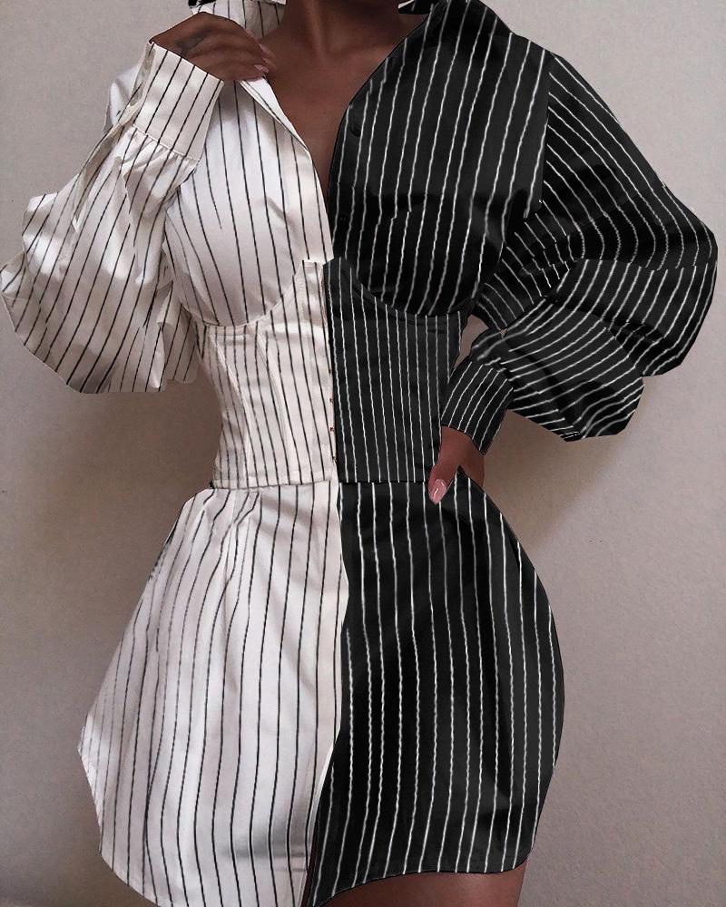 

Turn-down Collar Pinstripes Colorblock Buttoned Shirt Dress, Black