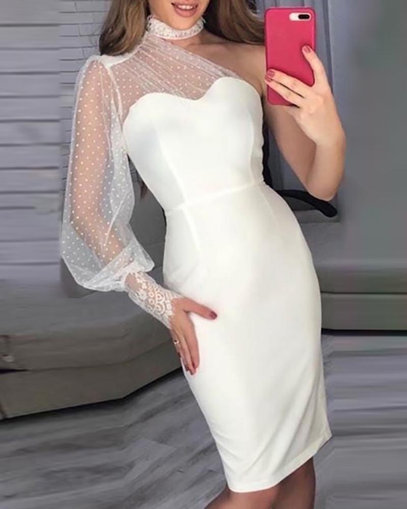 

One Shoulder Mesh Dot Lace Midi Dress, White