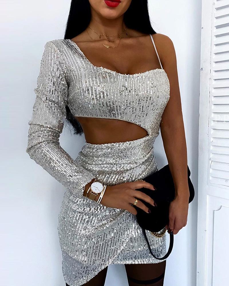 

One Shoulder Cutout Sequin Dress, Silver