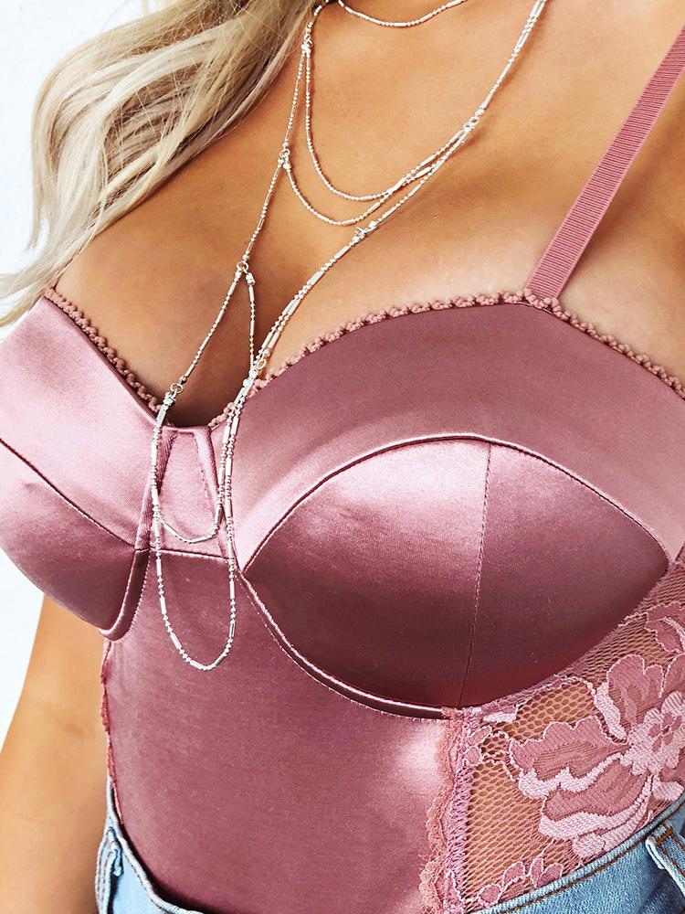 

Spaghetti Strap Lace Insert Sheer Bodysuit, Pink