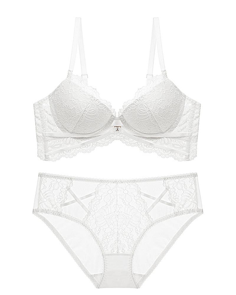 

Crochet Lace Sheer Mesh Bra Set, White