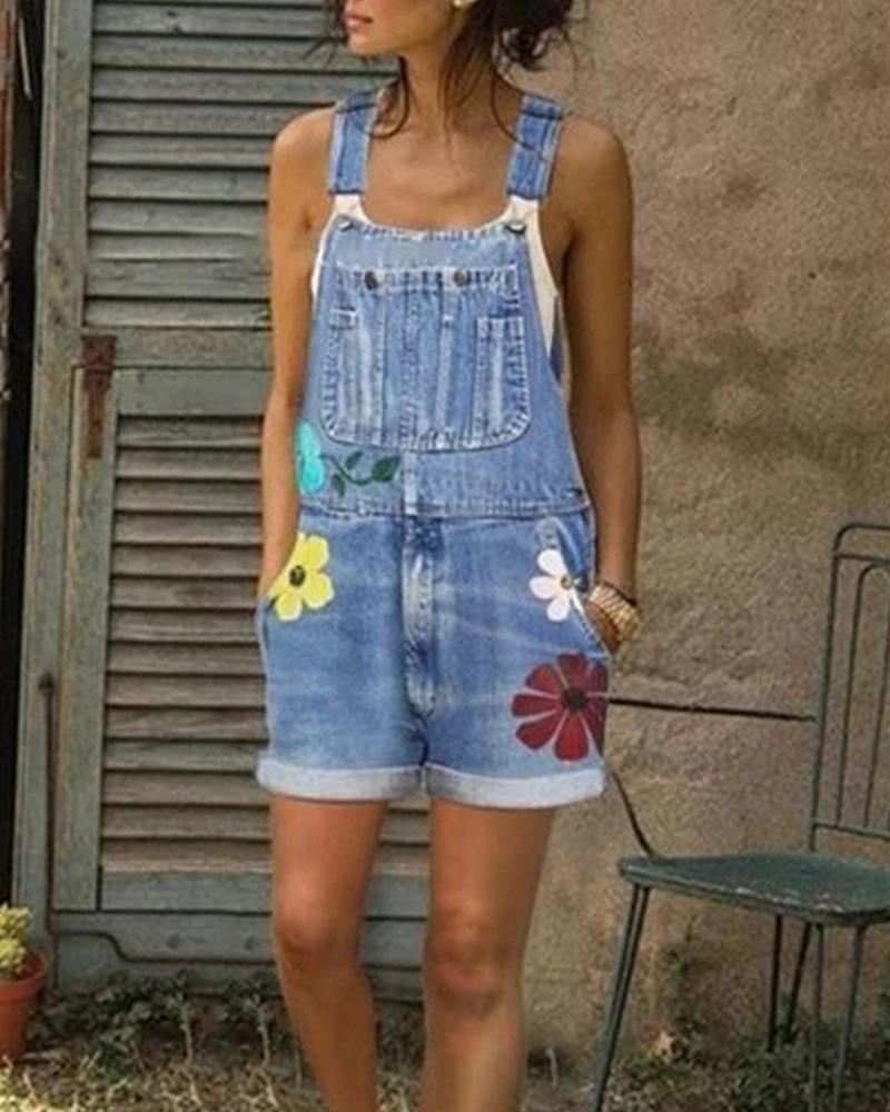 

Floral Denim Suspender Romper, Light blue