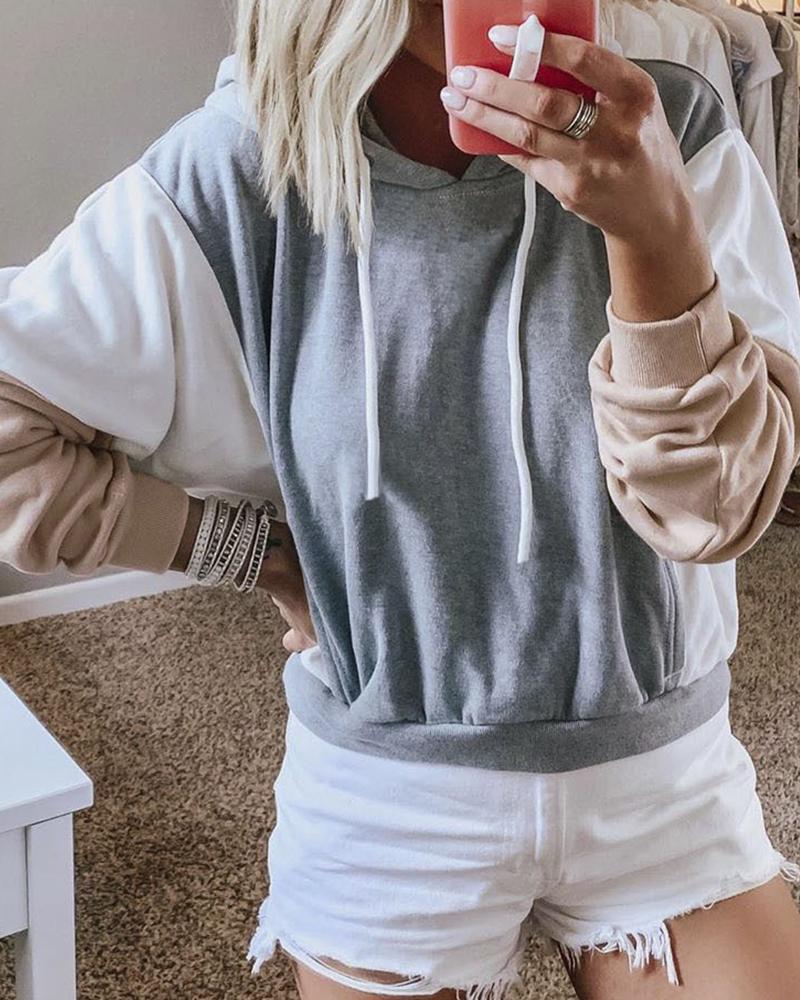 

Colorblock Drawstring Design Hooded Casual Sweatshirt, Gray