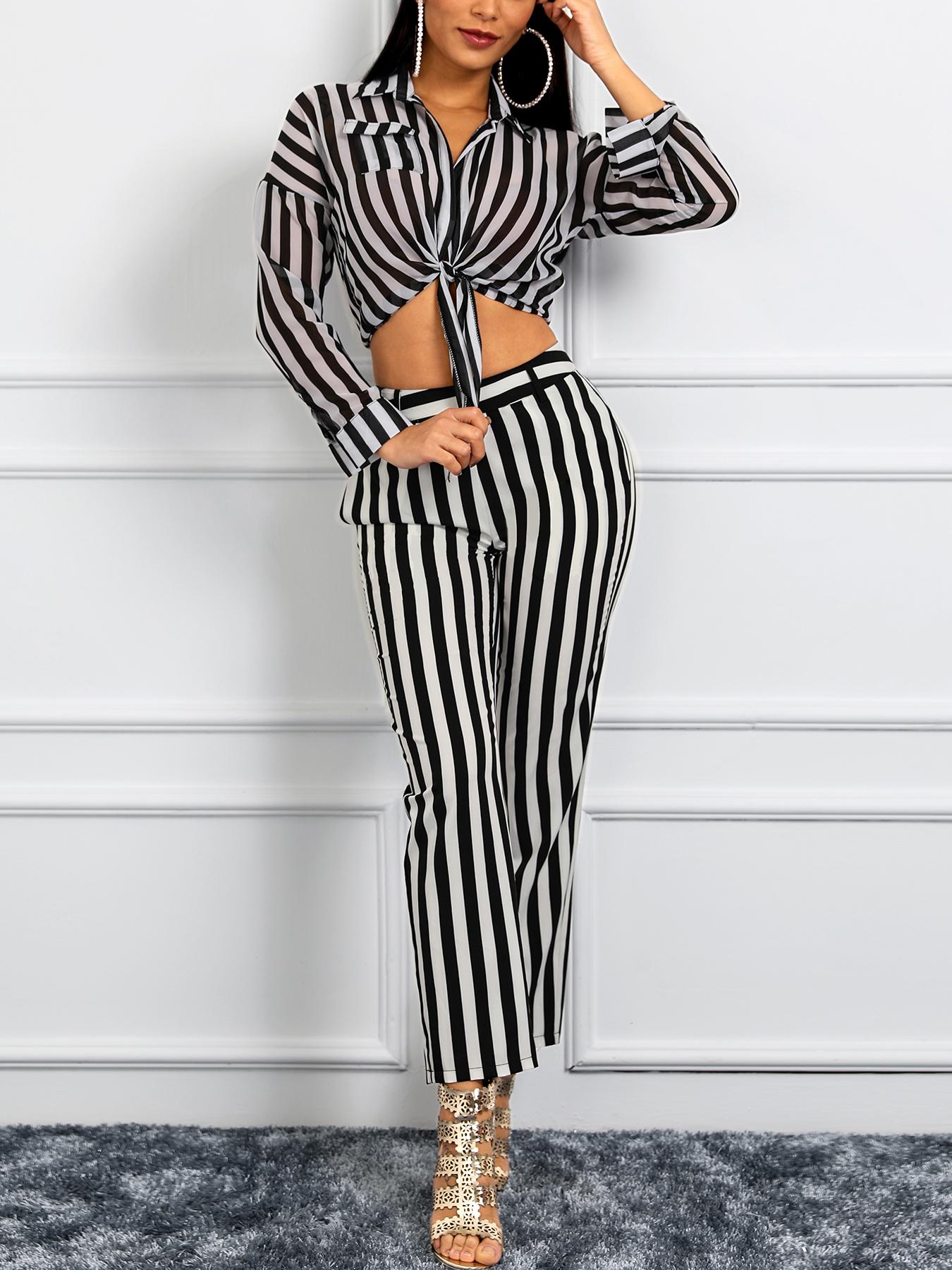 

Contrast Striped Knot Front Blouse & Pants Set