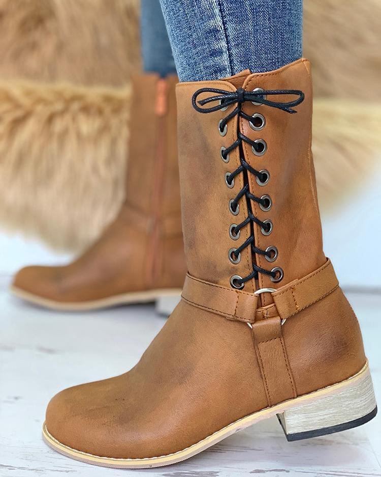 

Eyelet Lace-Up Chunky Heeled PU Boots
