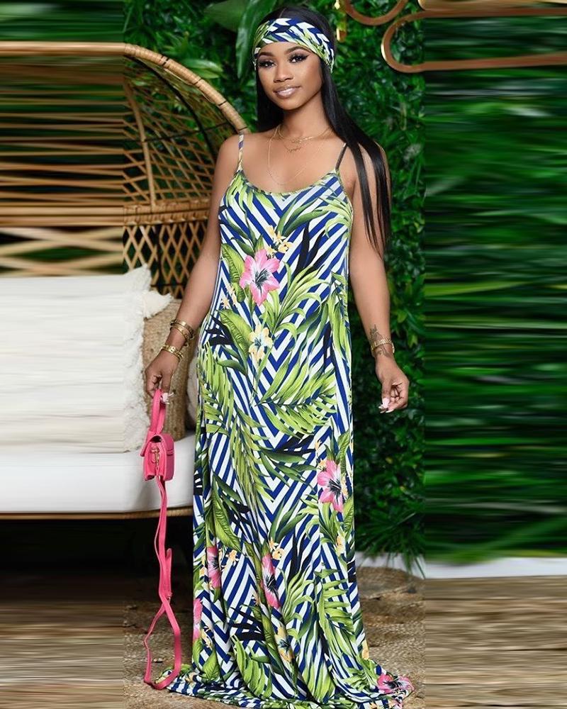 

Floral Leaf Print Striped Spaghetti Strap Maxi Dress, Green