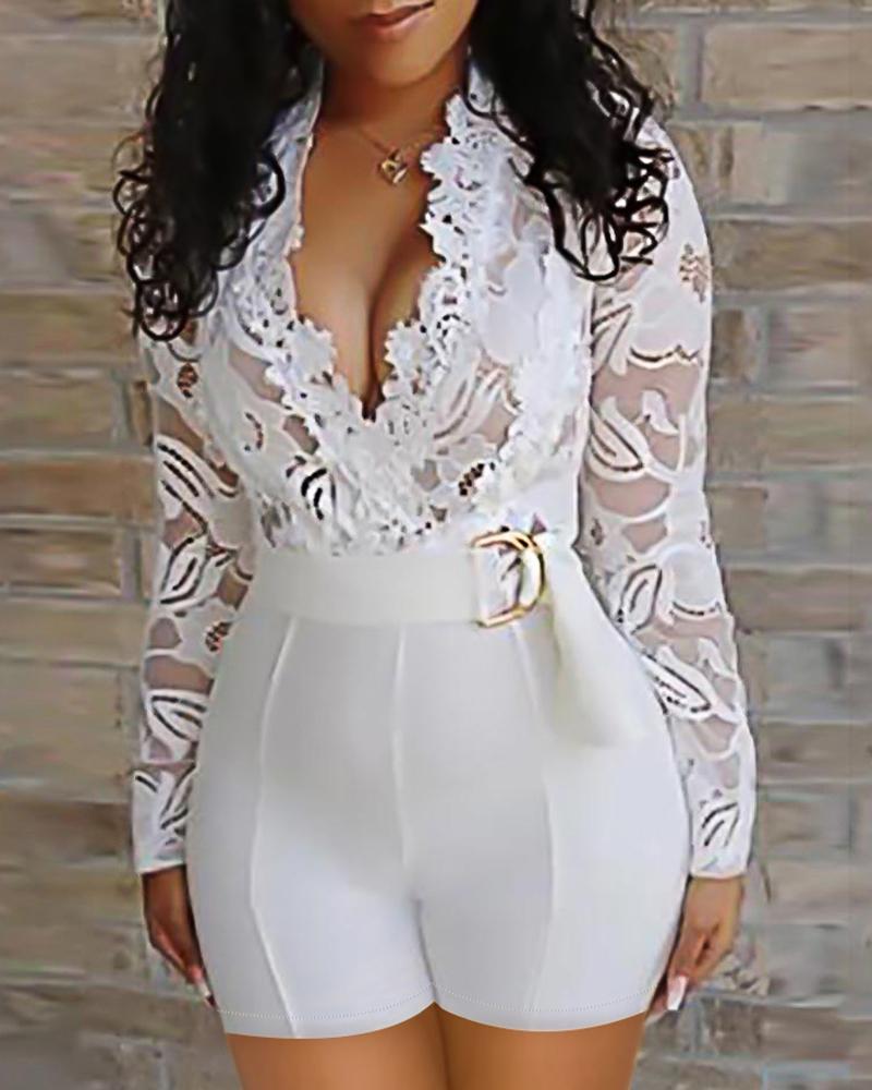 

Plunge Lace Bodice Insert Romper, White