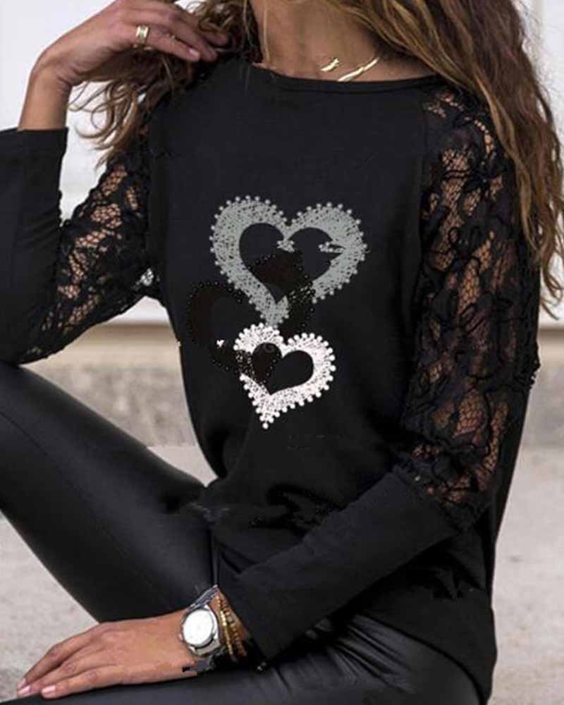 

Heart & Stars Print Lace Patchwork Long Sleeve T-shirts, Black