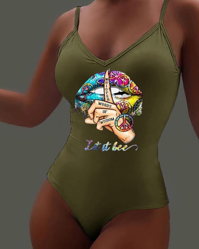 

Slogan Print Spaghetti Strap Bodysuit, Army green