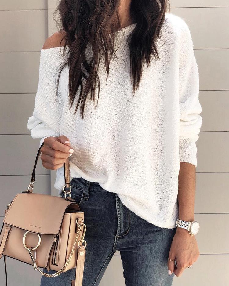 

Solid Long Sleeve Boat Neck Casual Top
