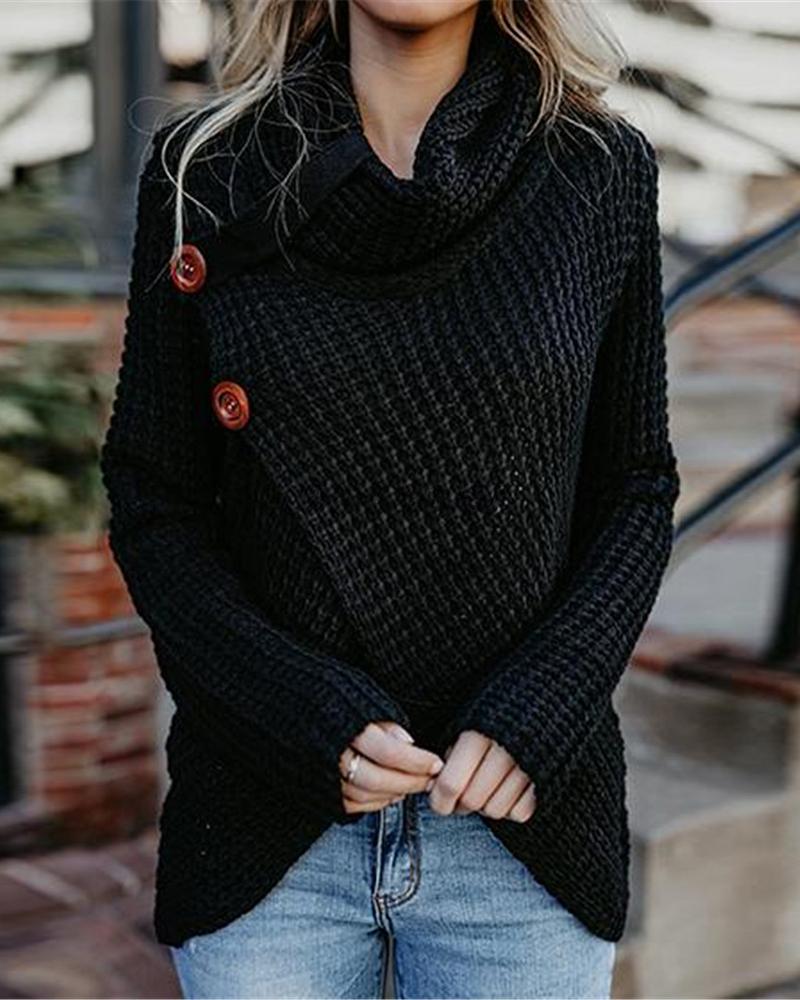 

Solid Long Sleeve Buttoned Casual Sweater, Black