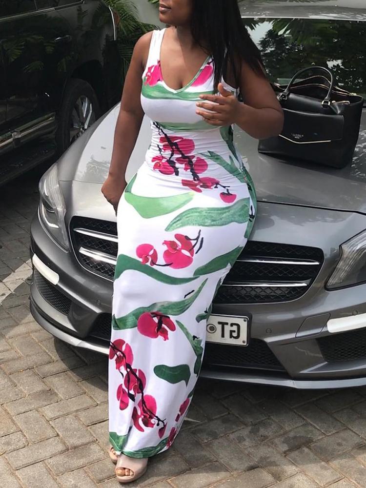 

Floral Print Stretchy Thick Strap Maxi Dress, Multicolor