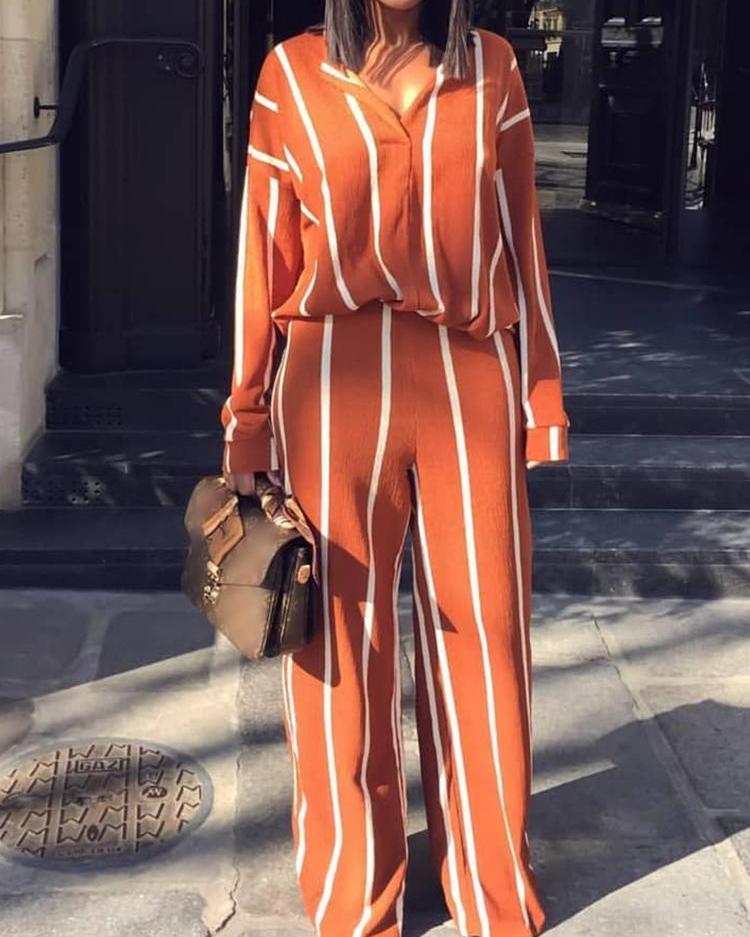 

Striped Print Leisure Blouse And Pants Set