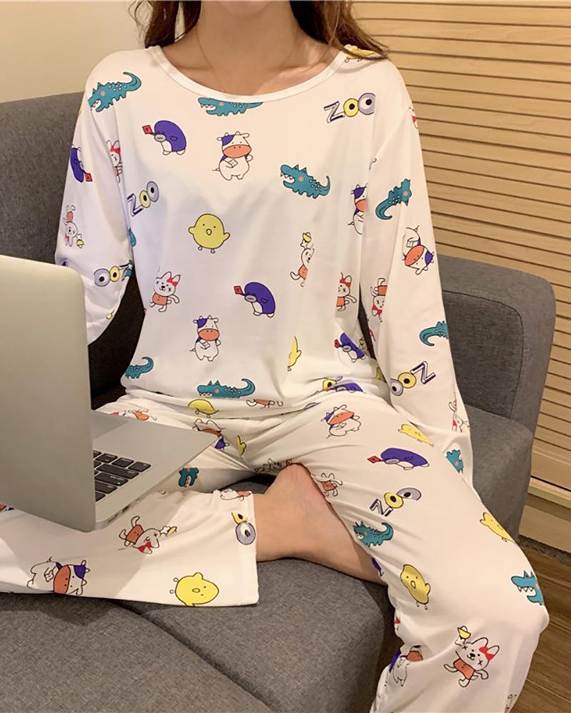 

Long Sleeve Round Neck Print Pajamas Set, White