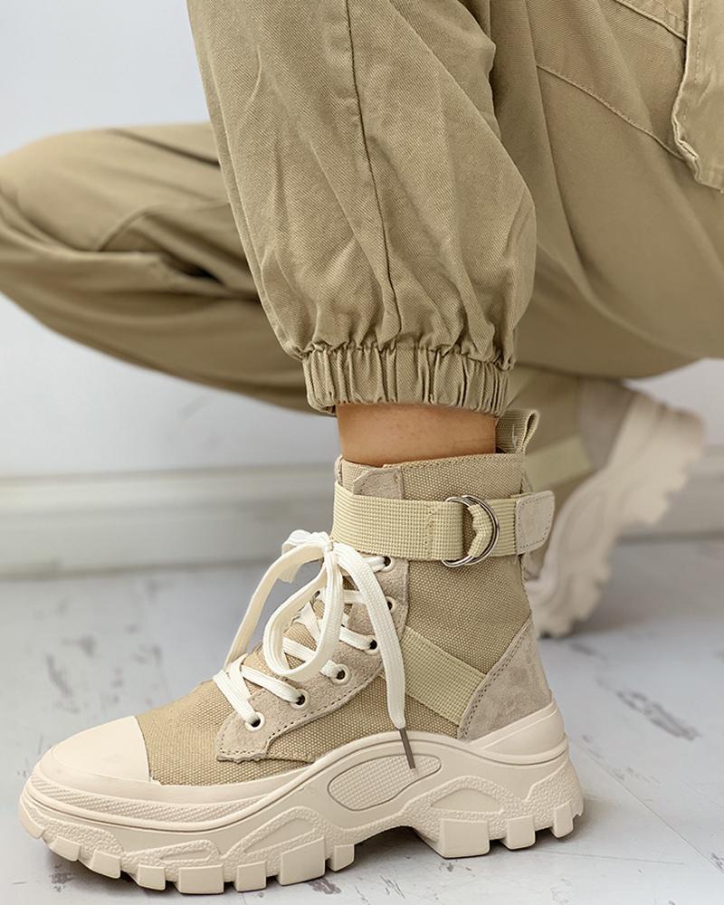 

Colorblock Lace-Up Platform Boots, Beige