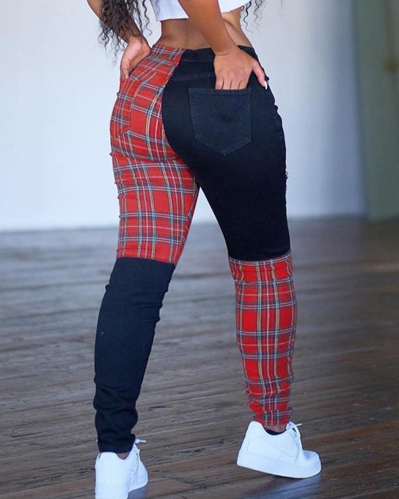 

Plaid Print Colorblock Casual Pants, Red