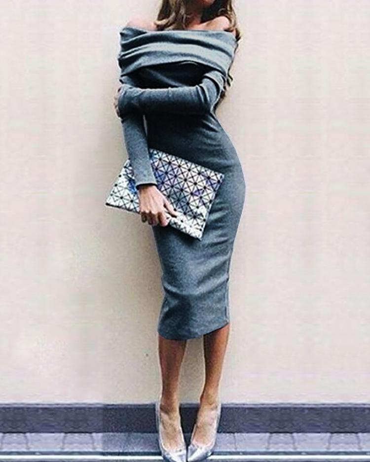 

Sexy Off Shoulder Slim Fit Midi Dress, Gray