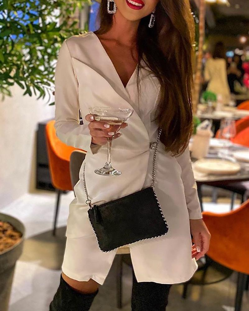 

Solid Buttoned Ruched Work Dress, White
