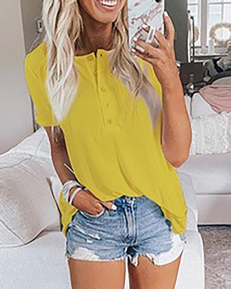 

Solid Buttoned Design Casual T-shirt, Yellow